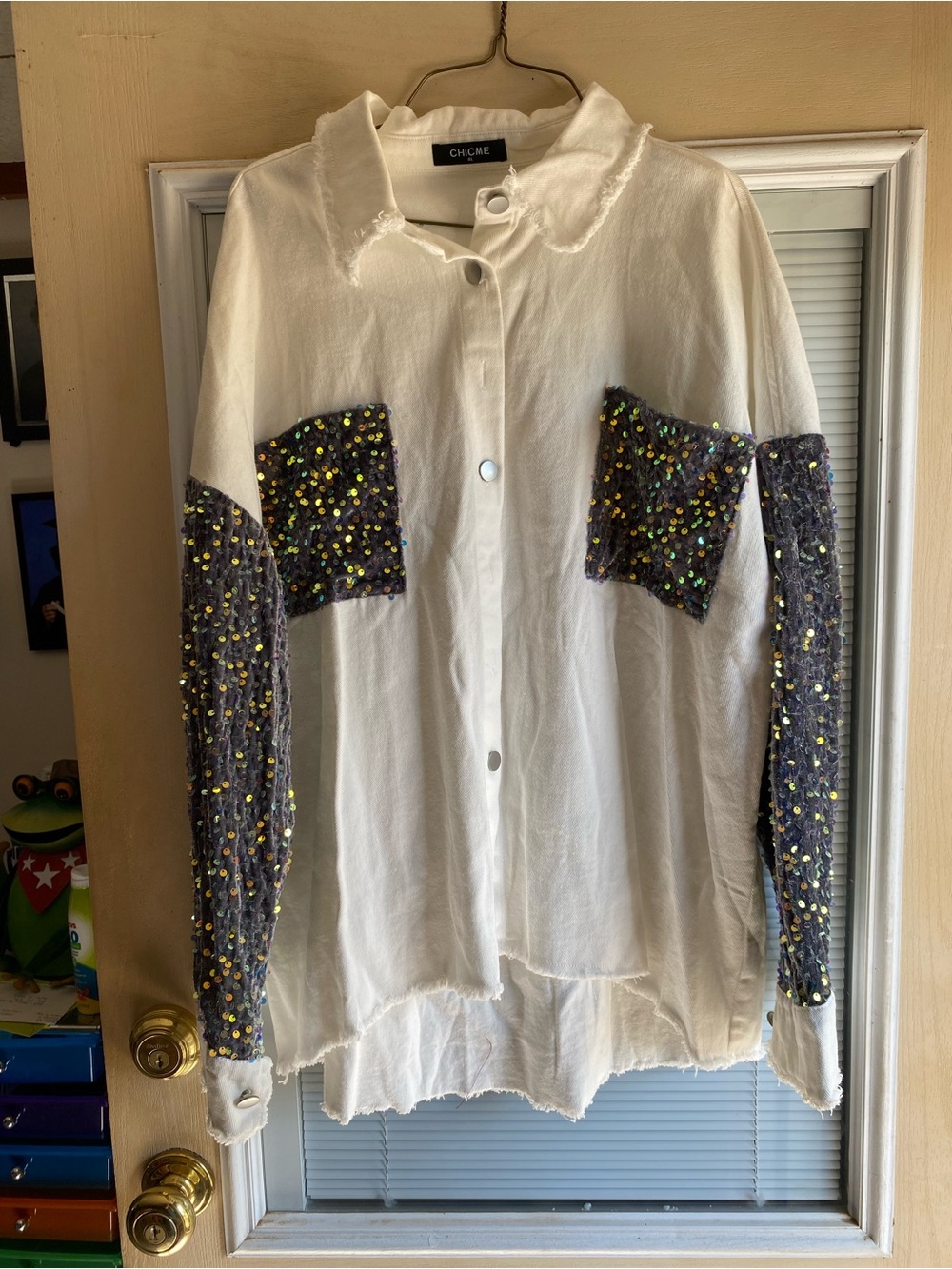 White Button-Down with Sequined Gray Pockets & Sleeves